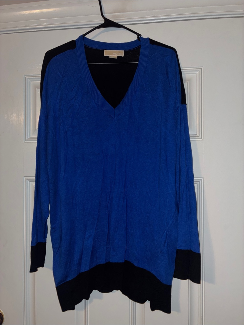 Michael Kors Blue and Black V-Neck Colorblock Sweater